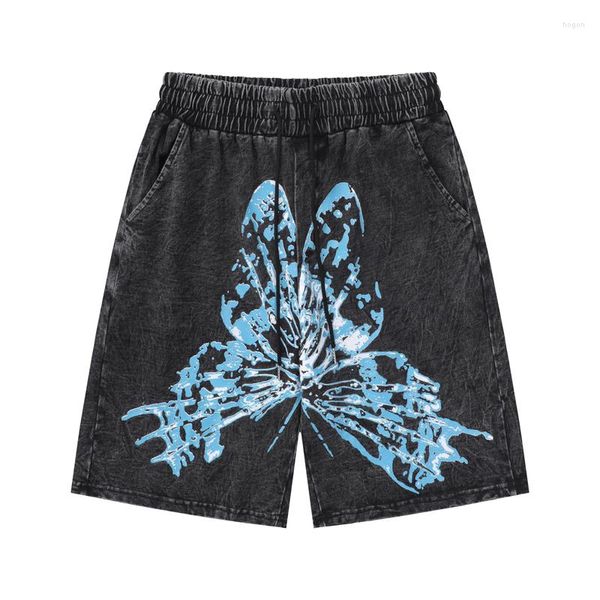 Shorts pour hommes 2023 Tissu lourd Vintage Blue Butterfly Print Short Jeans Hommes Femmes Haute Qualité Lavé Distressed Beash Shortpant Culottes