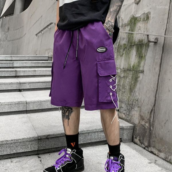 Shorts pour hommes 2023 été bleu violet jaune noir Cargo hommes Harajuku Techwear Hip Hop pantalons courts côté cordon Multi poches