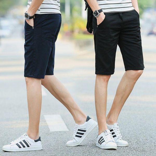 Pantalones cortos para hombre, moda de verano 2023, cintura alta, informales, holgados, rectos, para hombre, Color sólido, pantalones finos hasta la rodilla I21