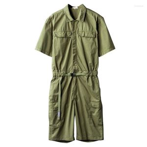 Shorts pour hommes 2023 Été à manches courtes Combinaison Hommes Salopette Revers Solide Couleur Coton Lâche Cordon Cravate Taille Vert Kaki Pantalon