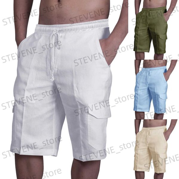 Shorts pour hommes 2023 short en lin de coton blanc hommes été décontracté multi-poches short de Sport hommes mode taille élastique respirant short de plage T240325