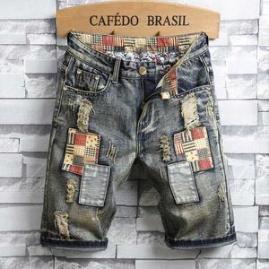 Heren shorts 2024 motorfiets denim shorts heren heren zomermode merk patchwork losse rechte denim jeans gesneden broek j240407