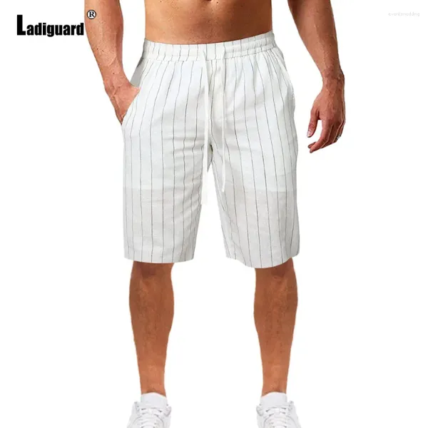 Pantalones cortos para hombre, moda de verano 2024, pantalones Retro a rayas de algodón y lino hasta la rodilla, pantalones de chándal informales con cordón de talla grande para hombre