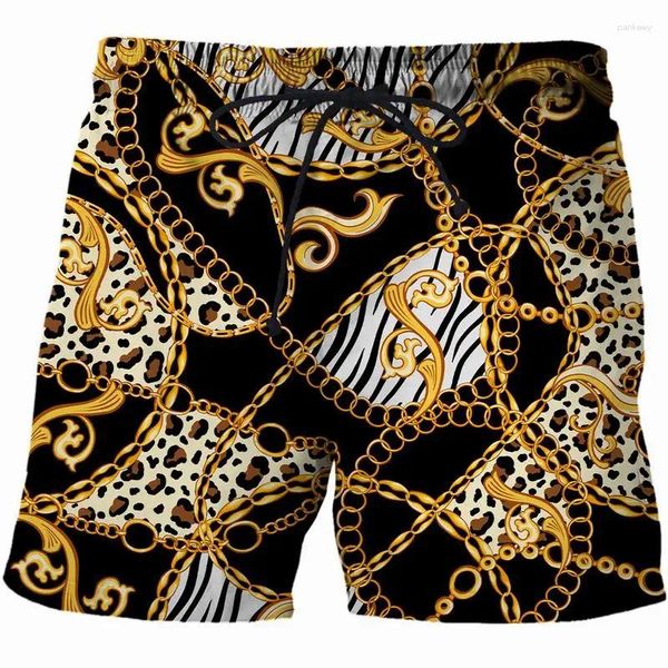 Shorts masculins 2024 Été Men / femmes Léopard Pattern Gold Chain 3D Vêtements imprimés Pantalons de plage de la mode décontractés Bermudas