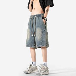 Heren shorts 2024 Zomer Nieuwe Casual Mens Jeans Gothic Unisex groot zakontwerp losse hiphop mode straatkleding denim broek Q240427