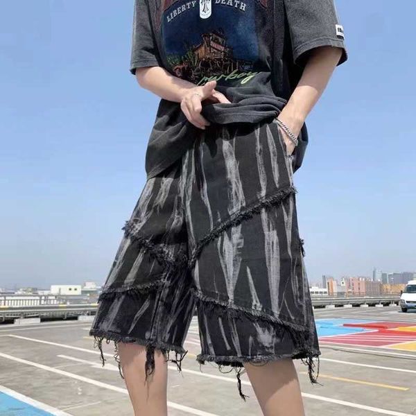 Shorts pour hommes American Retro Dark Department Tie-dye Print Fur Trim Denim Shorts Mode Hip-hop Loose Straight Tassel Casual Shorts Hommes