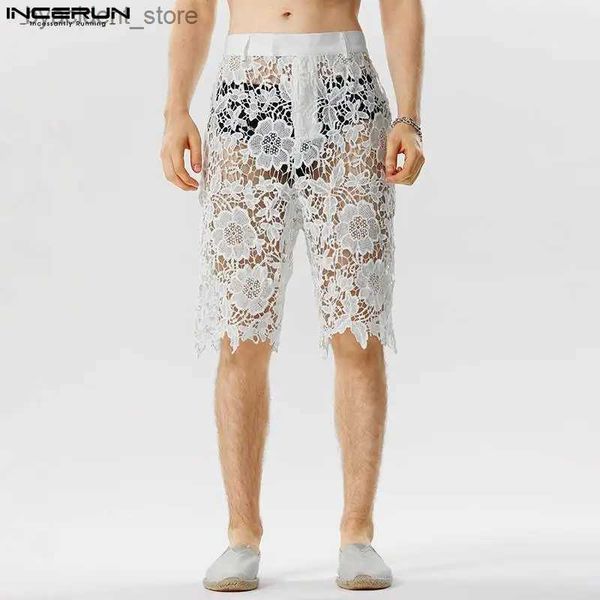 Shorts pour hommes Style américain hommes dentelle imprimé conception creuse Shorts décontracté fête spectacle vente chaude Sexy transparent maille Shorts S-5XL L240320