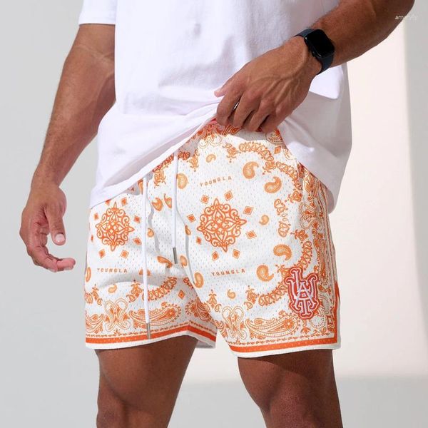 Pantalones cortos para hombre Estilo americano Deportes Casual Anacardo Flor Malla Transpirable Secado rápido Baloncesto Hasta la rodilla Pantalones de un cuarto