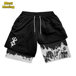 Heren shorts anime berserk 2 in 1 gym voor mannen actieve atletische compressie 5 inch snel droge rekbare training fitness workout 230810