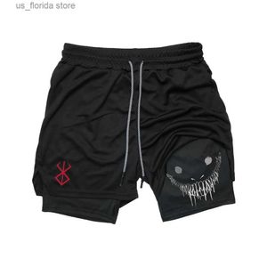 Short masculin anime berserk running shorts mascules fitness gym d'entraînement 2 en 1 short sportif sèche rapide jogging jogging double pont été y240321