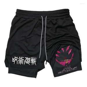 Shorts pour hommes Anime Graphic 2 en 1 Compression pour hommes Gym Entraînement Courir avec poches de téléphone Athlétique Séchage rapide Activewear