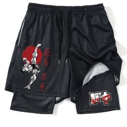 Heren shorts anime Hanma Baki Gym Shorts Black voor mannen 2 in1 mesh snel dry board shorts heren heren bodybuilding fitness running short broek zomer 230704