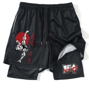 Heren Shorts Anime Hanma Baki Gym Shorts Zwart voor Mannen 2 In1 Mesh Sneldrogende Board Shorts Mens Bodybuilding Fitness Running Korte Broek Zomer J230608