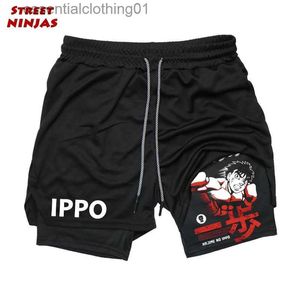 Shorts para hombres Anime IPPO Impresión 2 en 1 pantalones cortos de compresión para hombres pantalones cortos de gimnasio de rendimiento deportivo con bolsillos Boxeo de entrenamiento de fitness seco rápido L231212