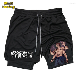 Pantalones cortos para hombres Anime Jujutsu Kaisen Yuji 2 en 1 Compresión para hombres Gimnasio Entrenamiento Fitness Rendimiento atlético con bucle de toalla