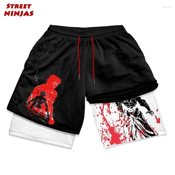 Pantalones cortos para hombres Anime Manga Baki Hanma Gimnasio Entrenamiento para hombres Atlético Secado rápido 2 en 1 Compresión con bolsillos Activewear Running