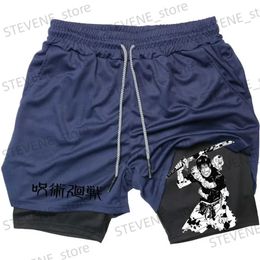 Pantalones cortos para hombres Pantalones cortos de rendimiento de anime Toji Impreso Hombres GYM Pantalones cortos de compresión deportivos casuales Entrenamiento Correr Malla 2 en 1 Pantalones cortos deportivos T240325