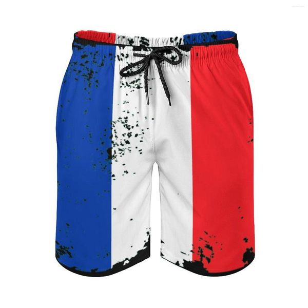 Shorts masculinos praia anime causal bandeira frança respirável secagem rápida novidade casual cordão ajustável solto elástico ma