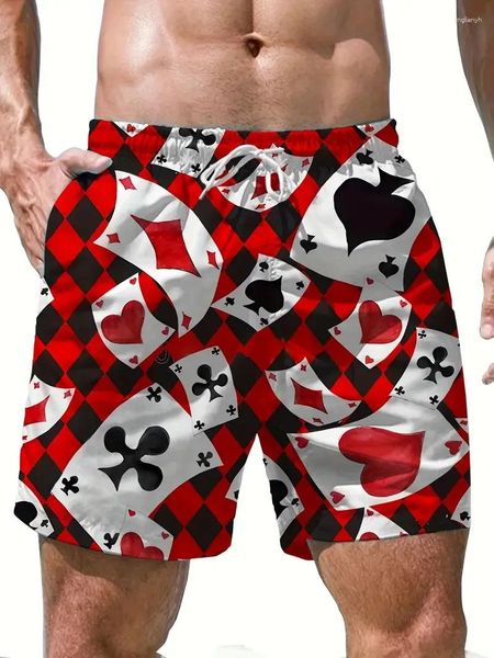 Patrones de póker rojos y blancos de la playa para hombres Beaches 3D TRABAJO ESTRADO Summer Batones de natación elástica Drawstring Hawaiian