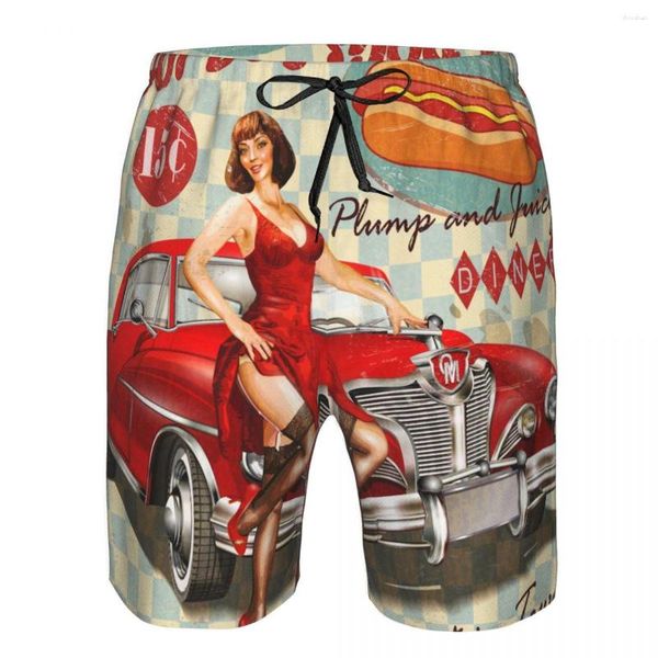 Pantalones cortos para hombre, bañador corto de playa, cartel de perro Vintage con Pin Up Girl y coche Retro, surf, tabla deportiva, traje de baño