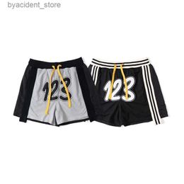 Pantalones cortos para hombres de mejor calidad RRR123 Pantalones de cordón 123 MESH BORDADO Sports Sports Black Grey Loose Mens Barrios L240320