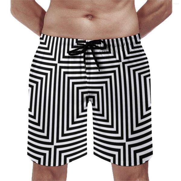 Pantalones cortos para hombre, tablero de línea blanco y negro, ilusión óptica cuadrada de verano, pantalones cortos divertidos, ropa deportiva, bañadores de playa personalizados de secado rápido
