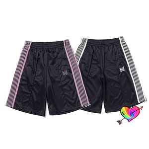 Heren shorts zwarte naalden shorts mannen vrouwen hoogwaardige roze paarse vlinder borduurwerk gestreepte awge naalden shorts licht losse rijbroek t220825