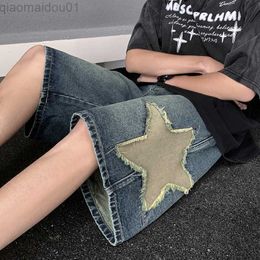 Shorts pour hommes Bleu Star Broderie Droite Casual Hommes Shorts Été Nouvelle Jambe Large Lâche Hip-Hop Mode Jeunesse Streetwear Denim Shorts AA230408