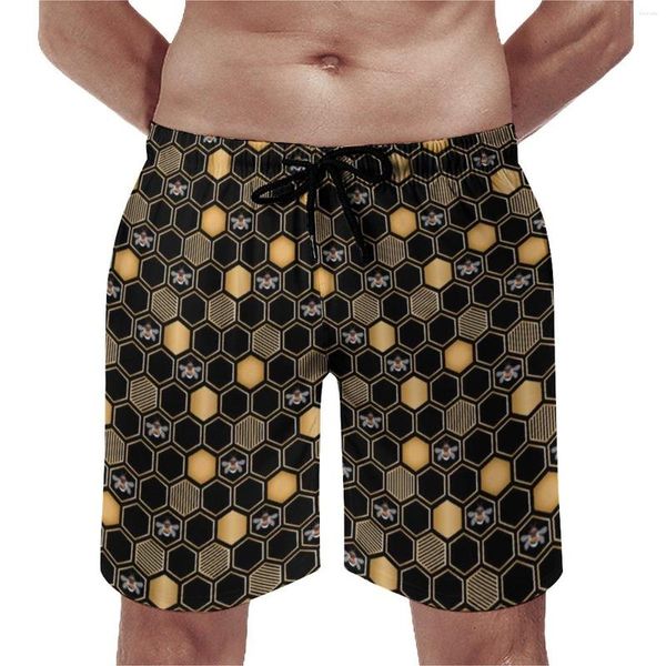 Short de bain hawaïen imprimé abeille pour homme, maillot de bain géométrique en nid d'abeille, séchage rapide, pantalon court surdimensionné, tendance, tendance