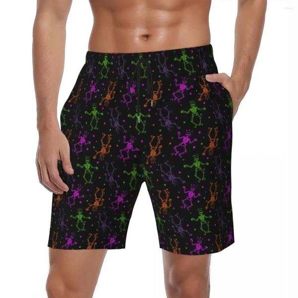 Pantalones cortos para hombre, bañadores de playa informales con estampado de esqueleto de baile de tabla, divertidos pantalones cortos transpirables para correr de Halloween de talla grande