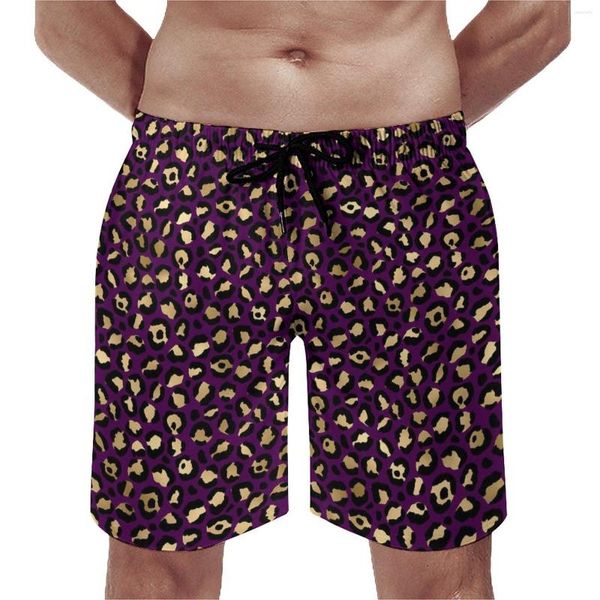 Pantalones cortos para hombre, tablero elegante con manchas de leopardo, bañadores de playa divertidos, pantalones cortos deportivos cómodos de talla grande morados y dorados