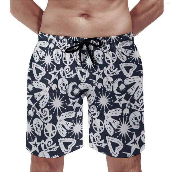 Tablero de pantalones cortos para hombres calavera vintage natación casual troncos luna sola estrella impresa macho seco seco