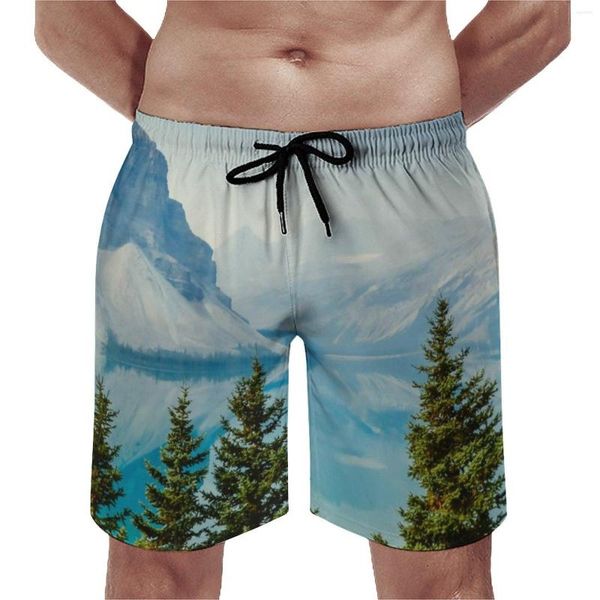 Short de plage pour hommes, planche d'hiver, montagnes, troncs de plage décontractés, imprimé arbre et lac, séchage rapide, tendance, grande taille, pantalon court