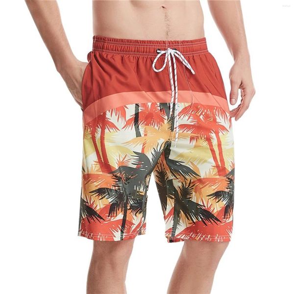 Short de bain pour hommes, maillot de bain élégant avec imprimé de plantes tropicales, culotte à lacets avec cordon de serrage, maillot de bain au genou, vêtements de plage tendance