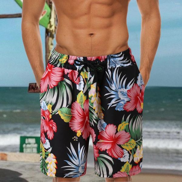 Pantalones cortos para hombres Boho Vintage Tablero de impresión floral para hombres Vendaje Dos bolsillos Pantalones Rodilla Troncos Verano Playa Vacaciones Traje de baño