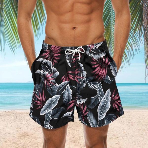 Pantalones cortos para hombres Boho Vintage Hojas Tablero de impresión para hombre Cordón Doble Bolsillo Troncos Verano Pantalones hawaianos Rodilla Traje de baño