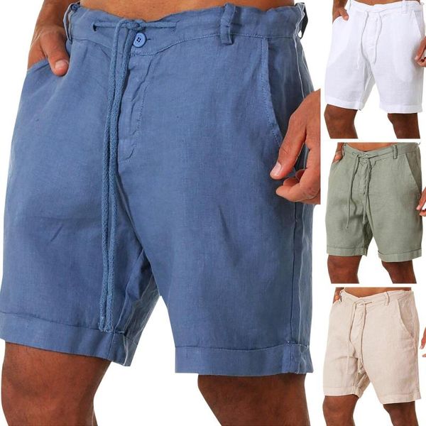 Pantalones cortos para hombre, informales, a la moda, de algodón y lino, con cordón en la cintura, Color sólido, tabla de playa, pantalones transpirables, pantalones cortos de lino para hombre