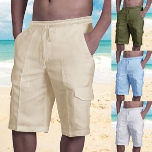Pantaloncini da uomo casual in lino solido uomo estate multitasche fitness sport moda coulisse elastico in vita spiaggia traspirante