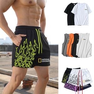 Shorts pour hommes décontractés fitness d'été flamme imprimement glace de soie cool cool simple manche courte t-shirt sans manches