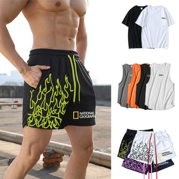 Pantalones cortos para hombres Casual Summer Fitness Flame Print Ice Silk Cool Simple Manga corta Camiseta sin mangas Chaleco de secado rápido 230407