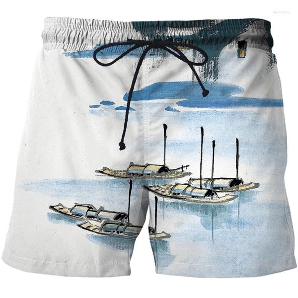 Short de bain pour hommes, vêtements à motif imprimé en 3D, peinture au pinceau chinois, maillot de bain de plage, pantalon court surdimensionné, 2023