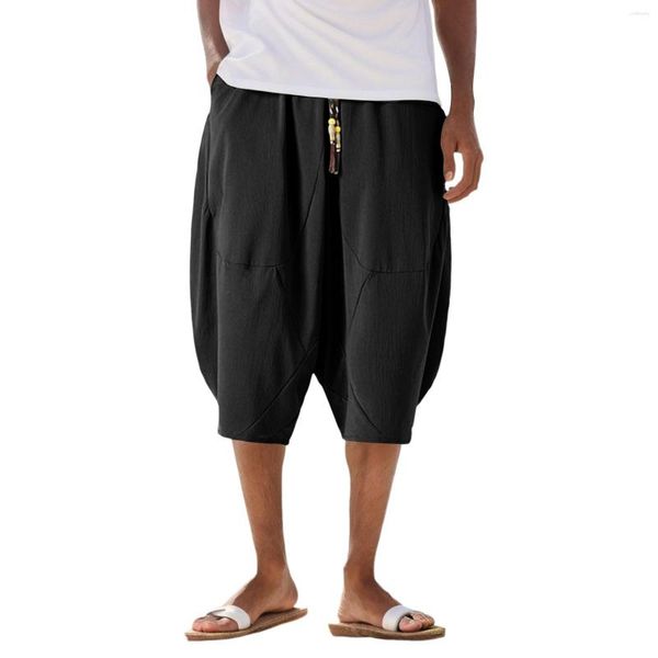 Short en coton et lin pour hommes, grande taille, couleur unie, ample, décontracté, pantalon court, taille élastique, cordon de serrage avec poches