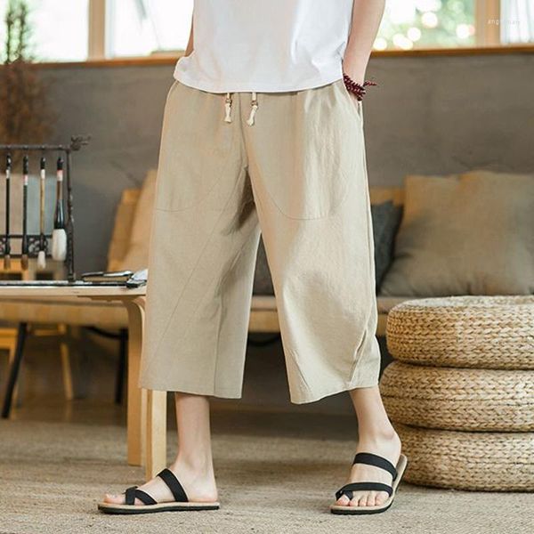 Pantalones cortos de algodón y lino para hombre, pantalones de playa sueltos informales de verano para hombre, cintura elástica de secado rápido, cordón recortado para hombre