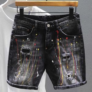 Shorts pour hommes trou fissuré denim été nouvelle peinture graffiti patch mode hip-hop bavure droite jeans shorts pour hommes P230525