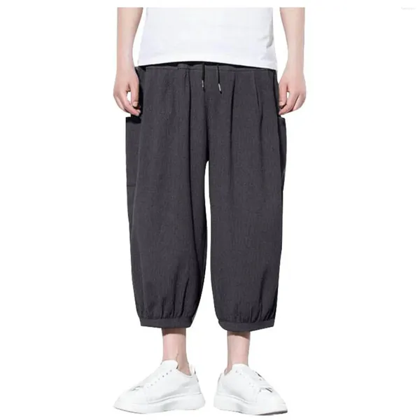 Pantalones cortos para hombres Recortados Sueltos Elásticos Cordón Cónico Lino casual para hombres Rosa