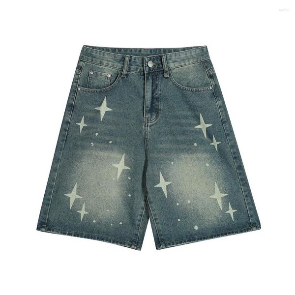 Pantalones cortos para hombre Estampado de estrellas cruzadas Jean para hombre Marca de moda High-street Loose Casual Washed White Pantalones de mezclilla de pierna ancha para hombre