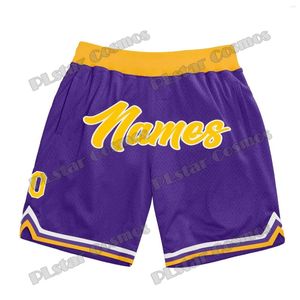 Heren shorts Aangepaste naam en nummer Purple Gold-White Basketball 3D Gedrukte Men Jeugd Summer Ademend Mesh Sports LQD04