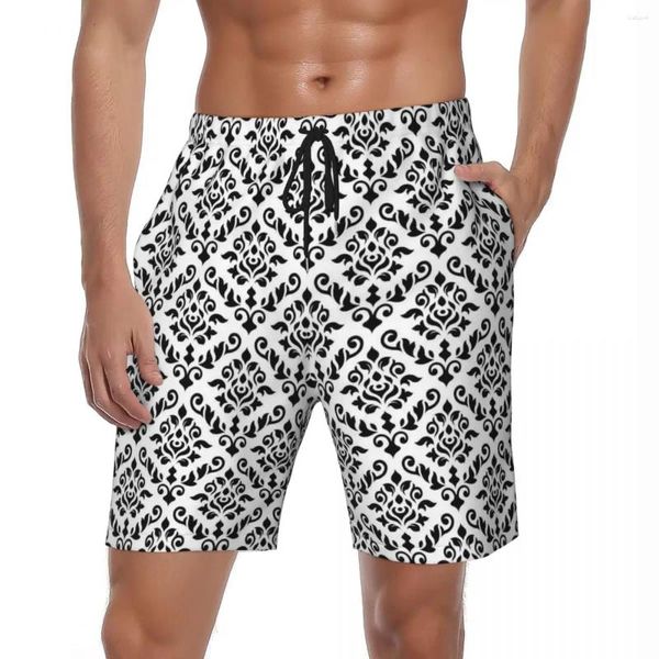 Shorts pour hommes Damask Baroque Print Board Été Noir Blanc Sports Fitness Pantalon court Séchage rapide Hawaii Maillot de bain surdimensionné
