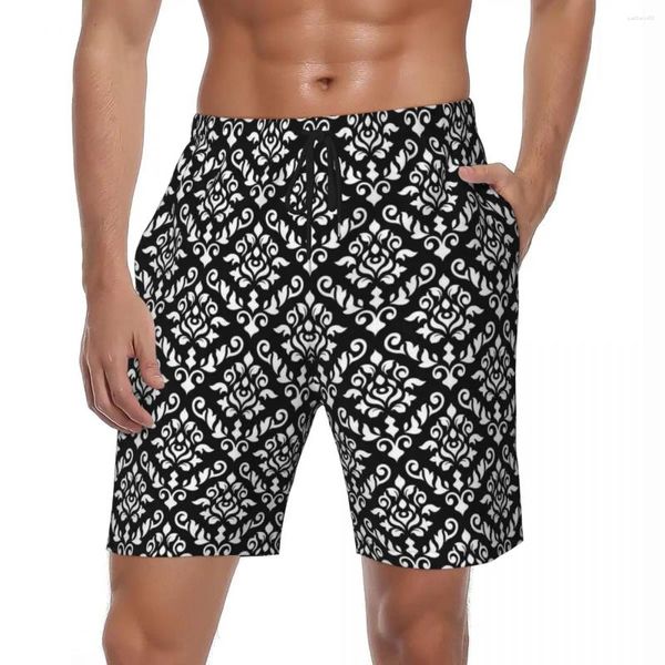 Shorts pour hommes Damask Baroque Print Board Summer Noir et Blanc Surf Beach Hommes Confortable Mode Plus Taille Trunks