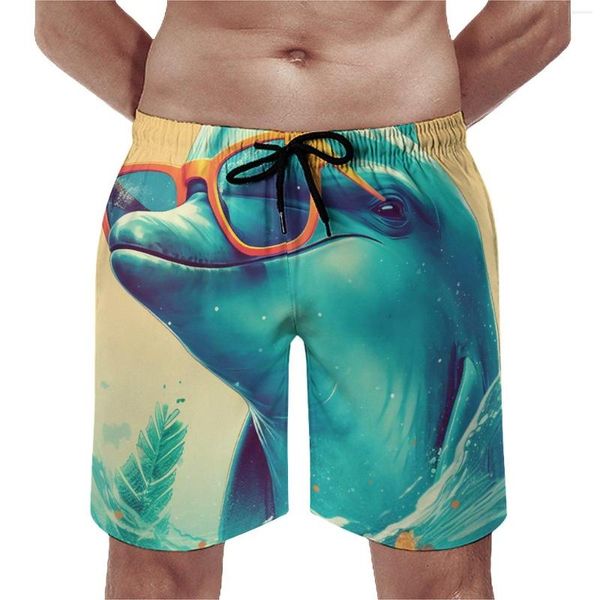 Short de bain pour hommes, planche de dauphin, Illustration graphique d'été, plage ensoleillée, lunettes de soleil amusantes, surf, motif à séchage rapide